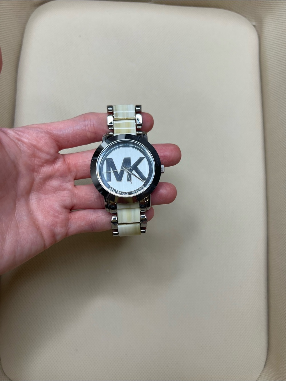Michael Kors Ivory and Silver Resin-Link MK Logo Watch
